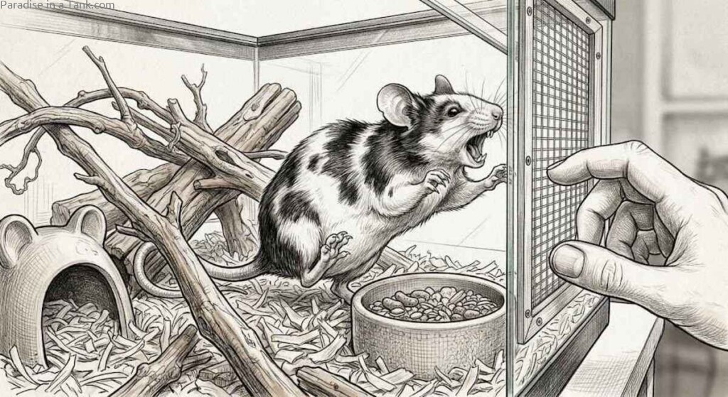 A mouse showing signs of aggression by puffing up fur inside a glass tank.
