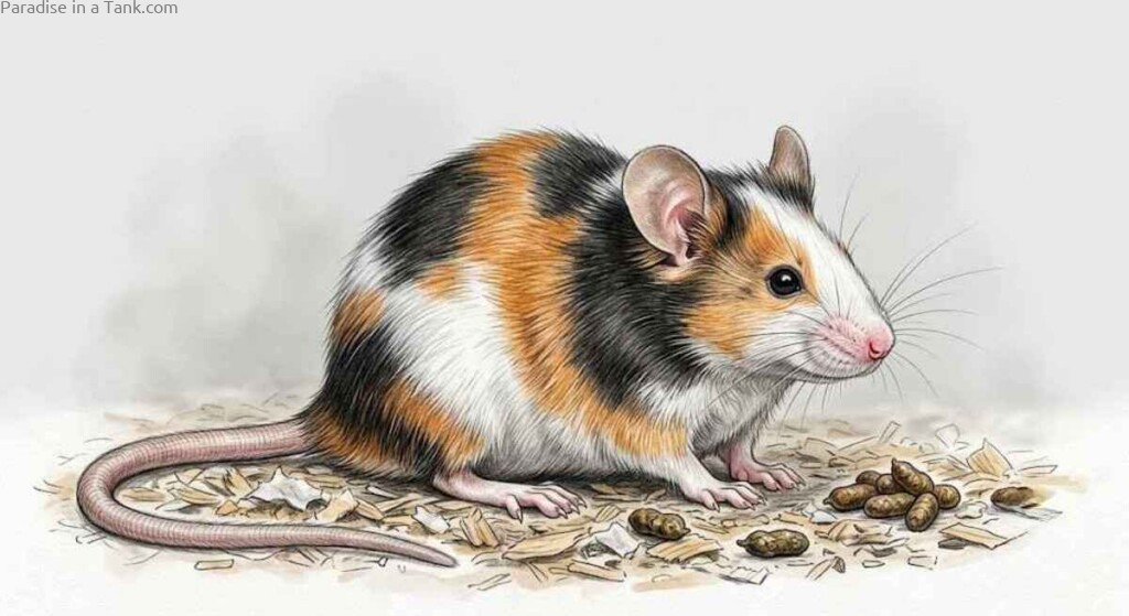 Fresh mouse poop lying near a mouse in an enclosure.