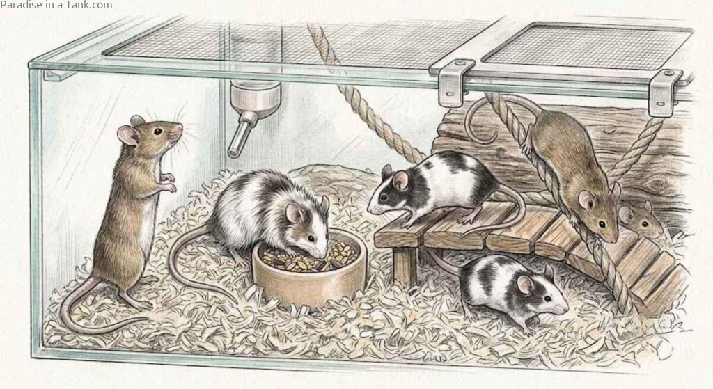 Pet mice foraging through deep paper bedding inside a spacious glass aquarium setup.