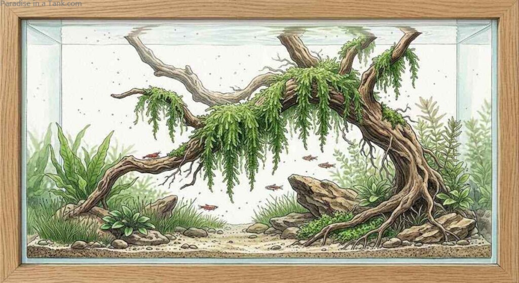 Detailed illustration of how weeping moss looks creating a beautiful hanging green canopy effect.