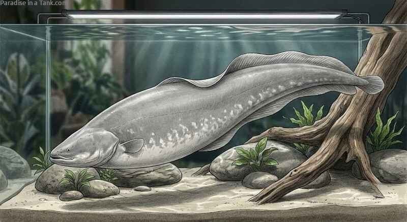 Side profile of a healthy aba aba knifefish showing its uniform gray coloration.
