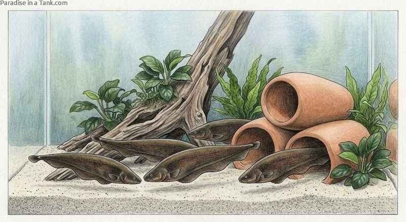 A group of African Brown Knifefish emerging simultaneously from a long pipe setup.