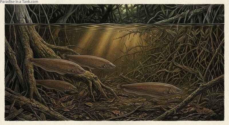 A wild styled habitat showcasing an African Brown Knifefish near dense floating vegetation.