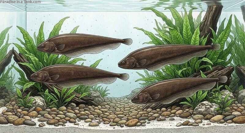 A group of African Brown Knifefish displaying synchronized swimming movements in a community tank.