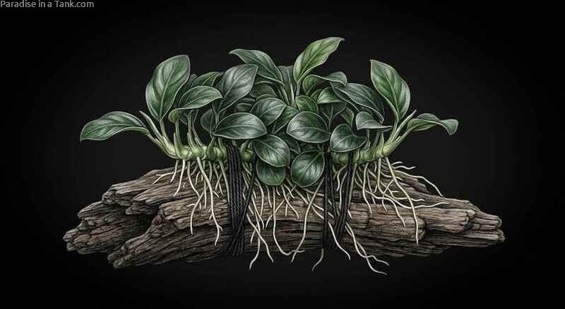 Detailed view of exposed root system of Anubias tied to driftwood.