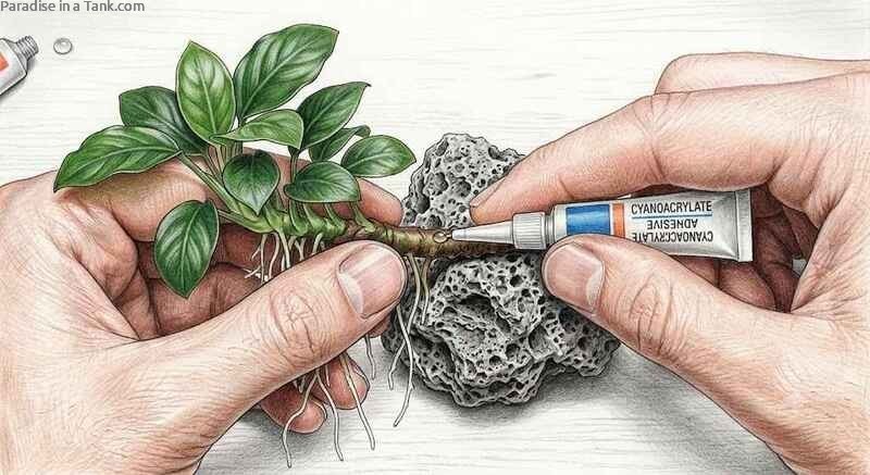 Process of applying glue to Anubias rhizome on a piece of dry rock.