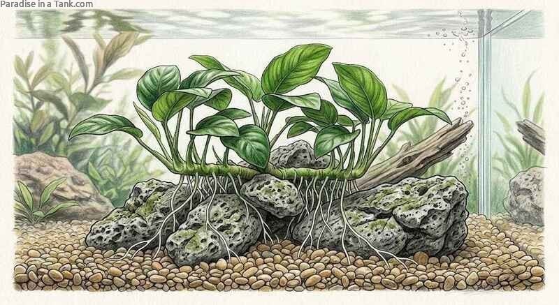 Detailed view of roots growing on Anubias supported by stones in tank.