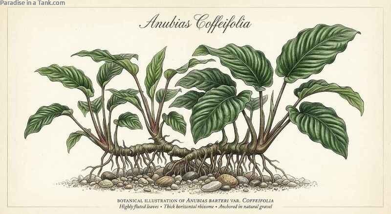 Anubias Coffeifolia growing gracefully on driftwood.