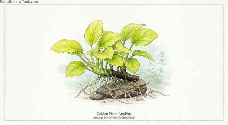 Close up view of vibrant yellow-green Anubias Nana Golden leaves growing underwater.