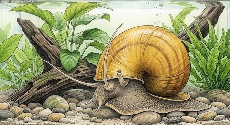An Apple Snail in an aquarium.
