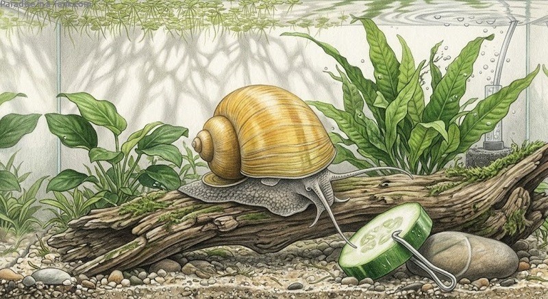 Feeding cucumber to an Apple Snail.