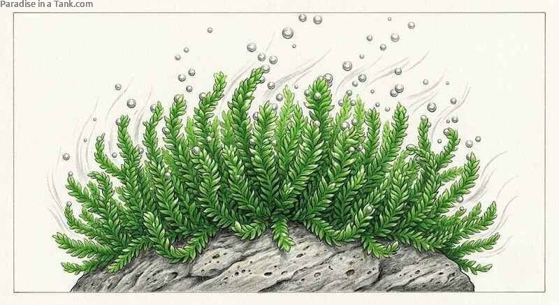 Detailed view of small oxygen droplets attached during steady aquarium moss pearling.
