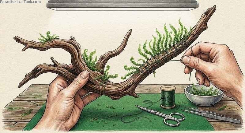 Hands tying aquarium moss to driftwood using thin green thread on work surface.