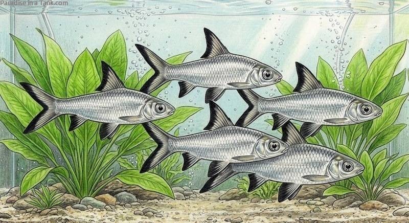 A school of Bala Shark swimming tightly together across a spacious freshwater aquarium.