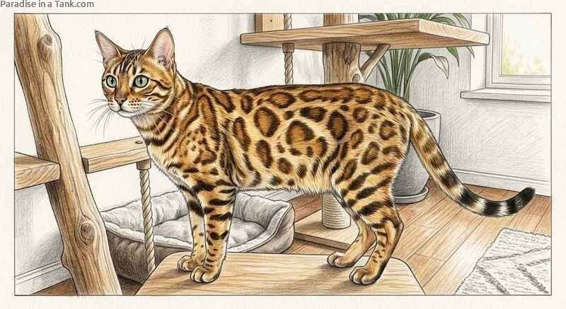 A Bengal cat next to a cat tree showcases natural instincts to climb and explore.