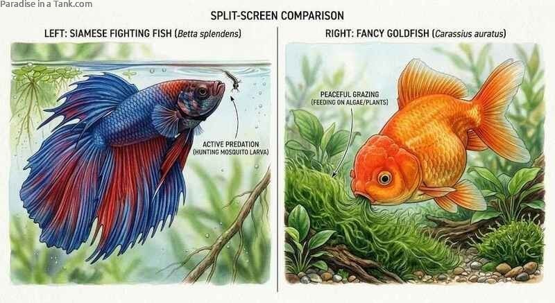 Betta and Goldfish eating.