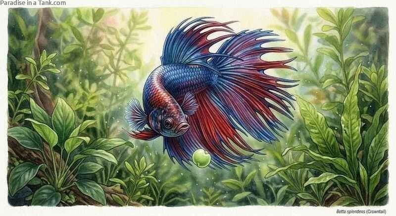 Betta eating a piece of boiled pea.