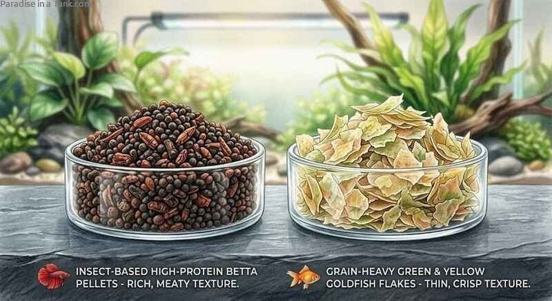 Bowls containing Betta and Goldfish food.
