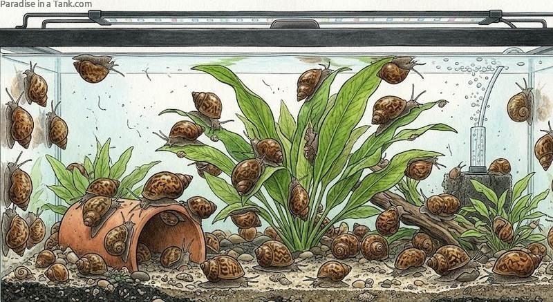 Multiple snails cleaning an aquarium and adding to the biological bioload.