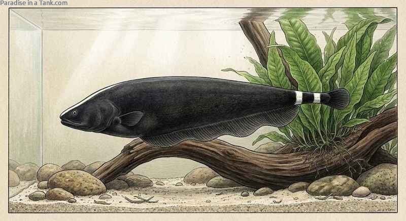 Side view of a dark black ghost knifefish navigating through an aquarium.