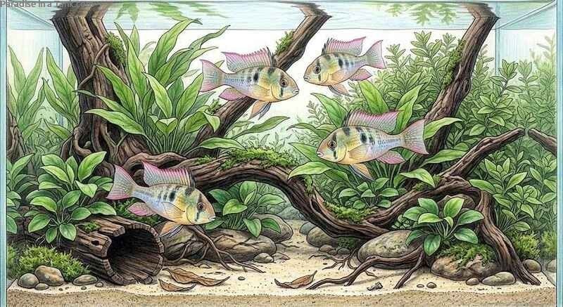 Bolivian Rams hovering gracefully near live aquatic plants in a well lit aquarium.