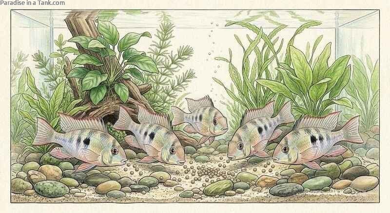Bolivian Rams gathering at the aquarium floor for nutritious sinking pellets.