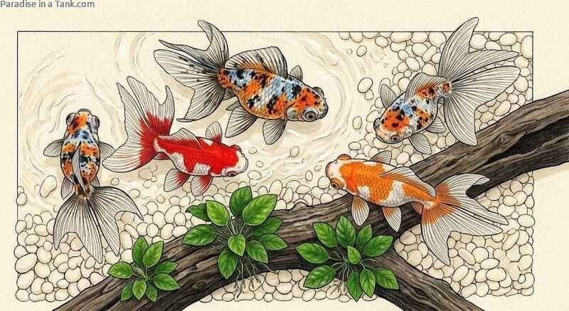 A top down view illustration of colorful butterflytail goldfish showing their wide caudal fins.