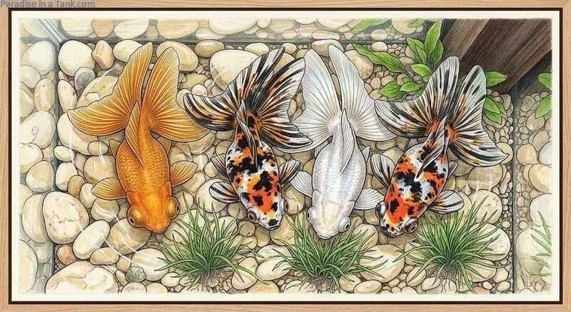 Several butterflytail goldfish swimming together.