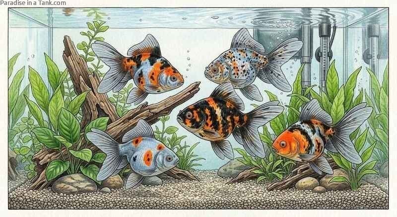 Side view of a Calico Fantail goldfish showing their bright orange and black scales.