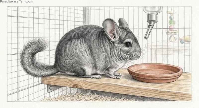 A fluffy chinchilla sitting peacefully inside a spacious multi level wire enclosure.