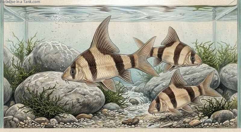 Chinese High Fin Banded Sharks actively searching for food along the sandy substrate.
