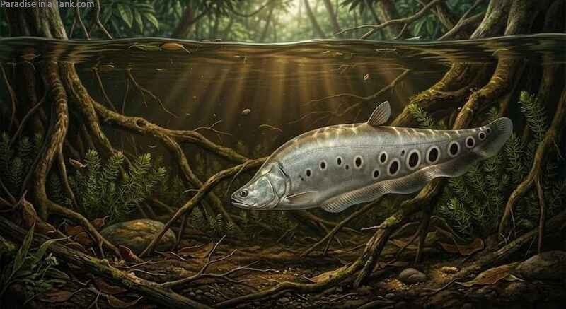 A massive adult clown knifefish swimming forward in its natural habitat.