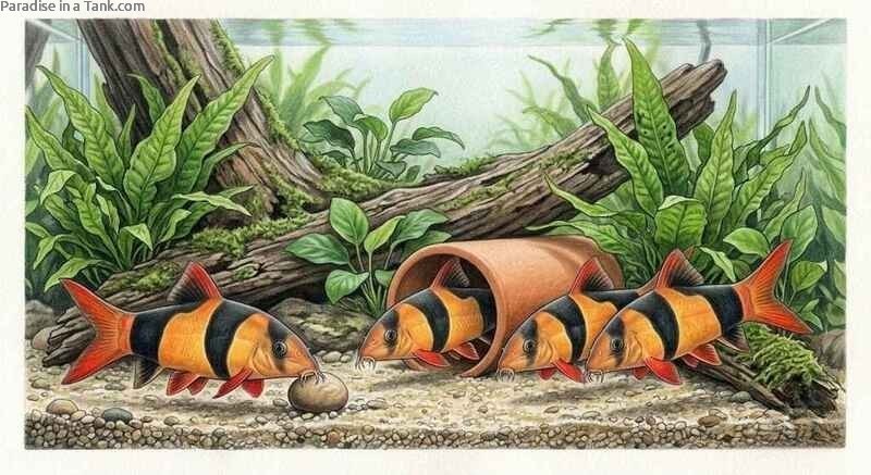 Clown Loaches resting peacefully inside a tunnel-like decoration.