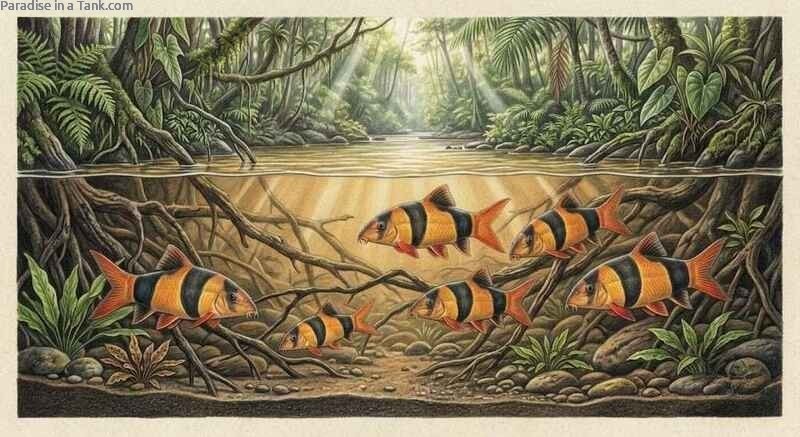 Clown Loaches swimming actively among green aquatic plants in nature.