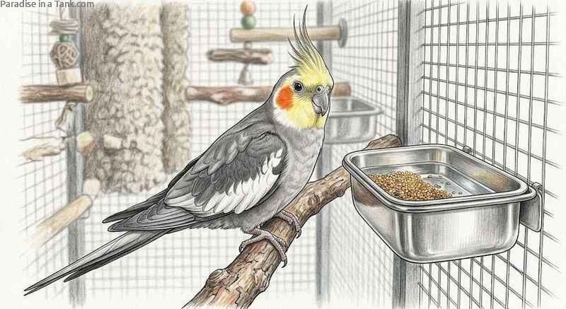 An active cockatiel sits calmly on a natural wood branch inside a spacious cage.