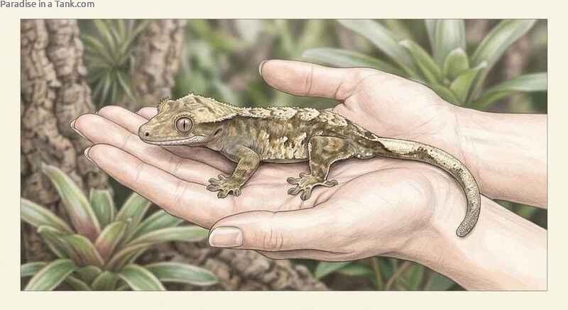 Close view of a calm crested gecko held by hands in a room.