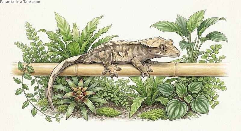 A crested gecko perched comfortably on a smooth bamboo branch inside a terrarium.