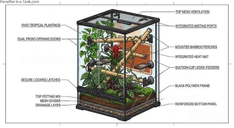 Fully decorated vertical glass enclosure for crested geckos featuring natural wood branches and foliage.