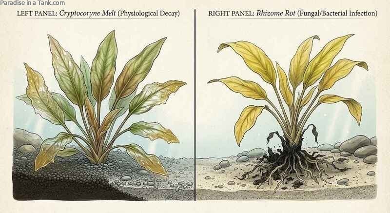 An aquarium plant exhibiting crypt melt vs rot symptoms under bright tank lighting.