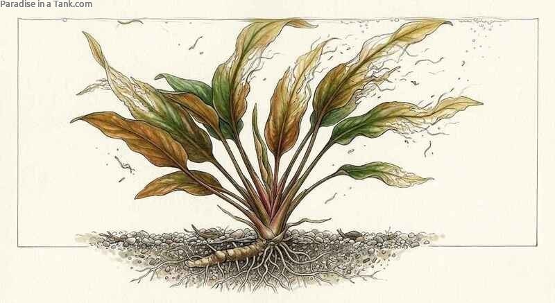 Cryptocoryne leaves disintegrating in an aquarium during a severe episode of crypt melt.