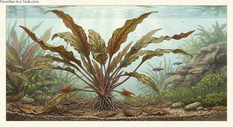 A detailed macro image highlighting the crinkled leaves of a Cryptocoryne.