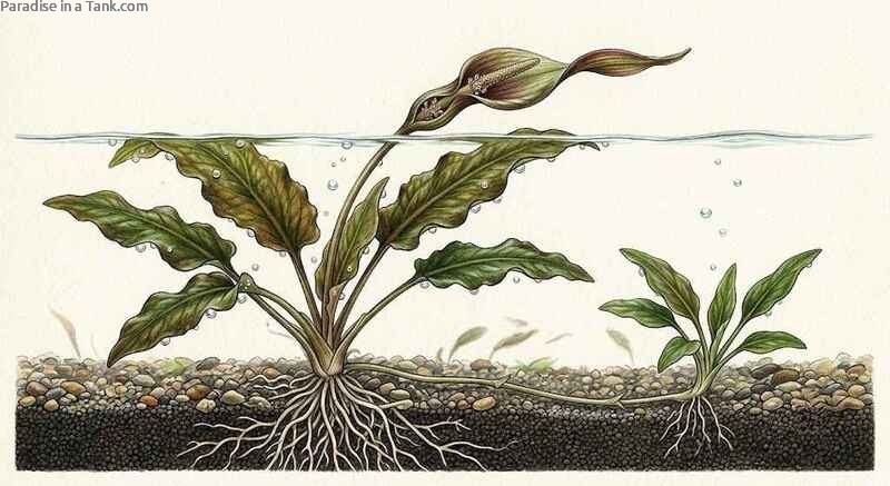 A Cryptocoryne sending runners across dark aqua soil inside a planted freshwater tank.