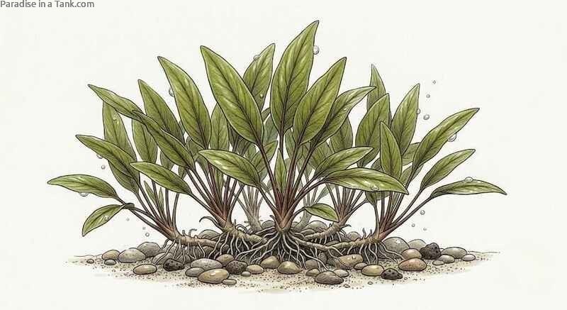 A dense patch of Cryptocoryne lutea spreading across the bottom of an aquarium.