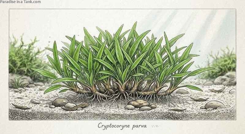 A close up view of Cryptocoryne parva growing roots deep inside substrate.