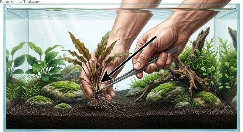 Close up view of hands planting Cryptocoryne into fine gravel using sharp tweezers.