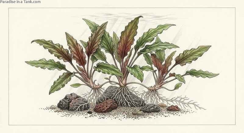 Close up view of lush Cryptocoryne wendtii leaves rooted in dark substrate.