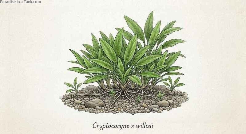 Close up view of lush Cryptocoryne willisii leaves rooted in dark substrate.