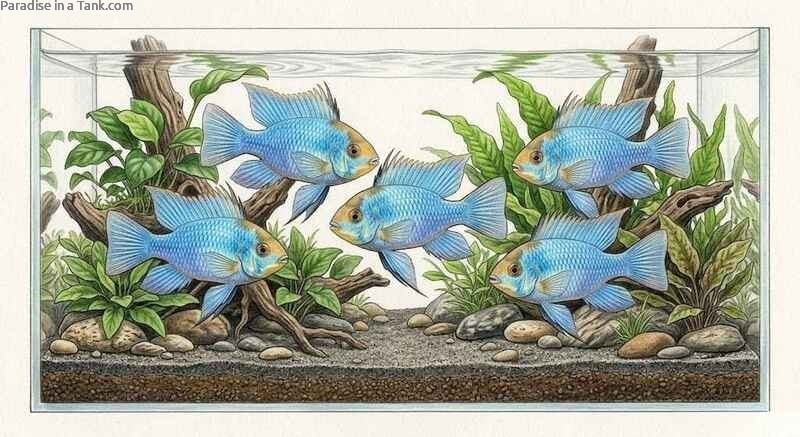 Electric Blue Rams swimming peacefully among green aquatic plants in a tank.