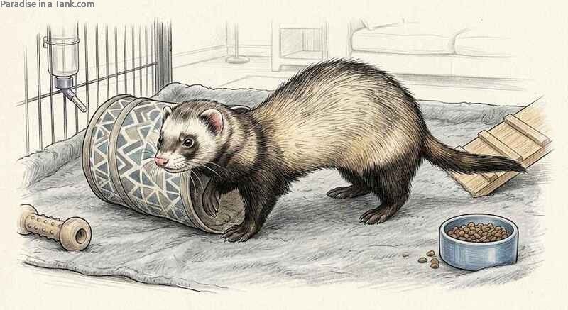 A playful ferret next to tube toy preparing to crawl inside the opening.