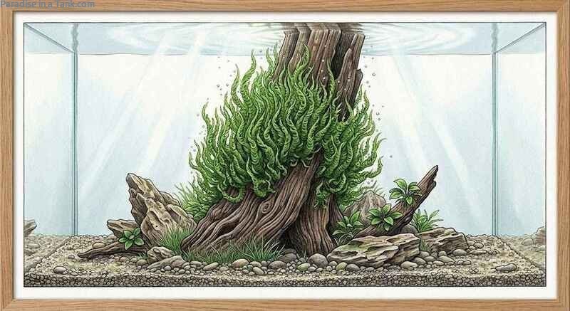 Complete aquascape layout where flame-moss looks dense, healthy, and beautifully established.